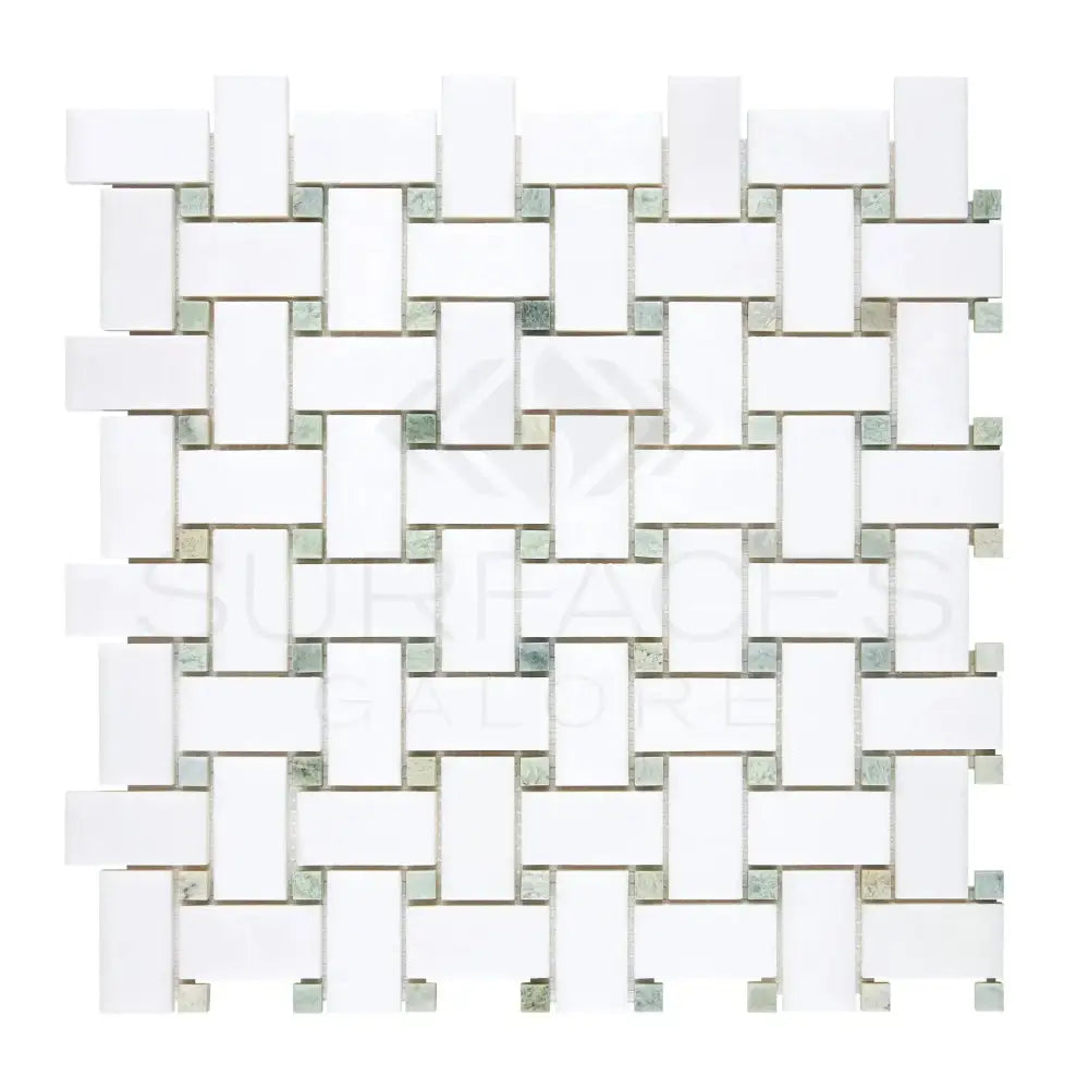 White and gray woven tile from Thassos Supreme Basketweave Mosaic with Ming Green accents