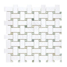 White and gray woven tile from Thassos Supreme Basketweave Mosaic with Ming Green accents