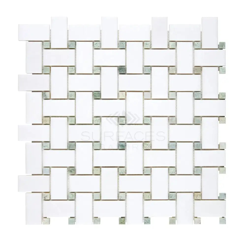 Woven white and gray mosaic tile from Thassos Supreme Basketweave Mosaic with Ming Green