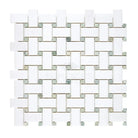 Woven white and gray mosaic tile from Thassos Supreme Basketweave Mosaic with Ming Green