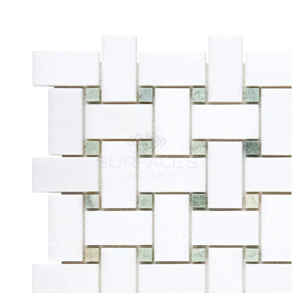 White and green mosaic tile from Thassos Supreme Basketweave Mosaic with Ming Green finish
