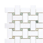 White and green mosaic tile from Thassos Supreme Basketweave Mosaic with Ming Green finish