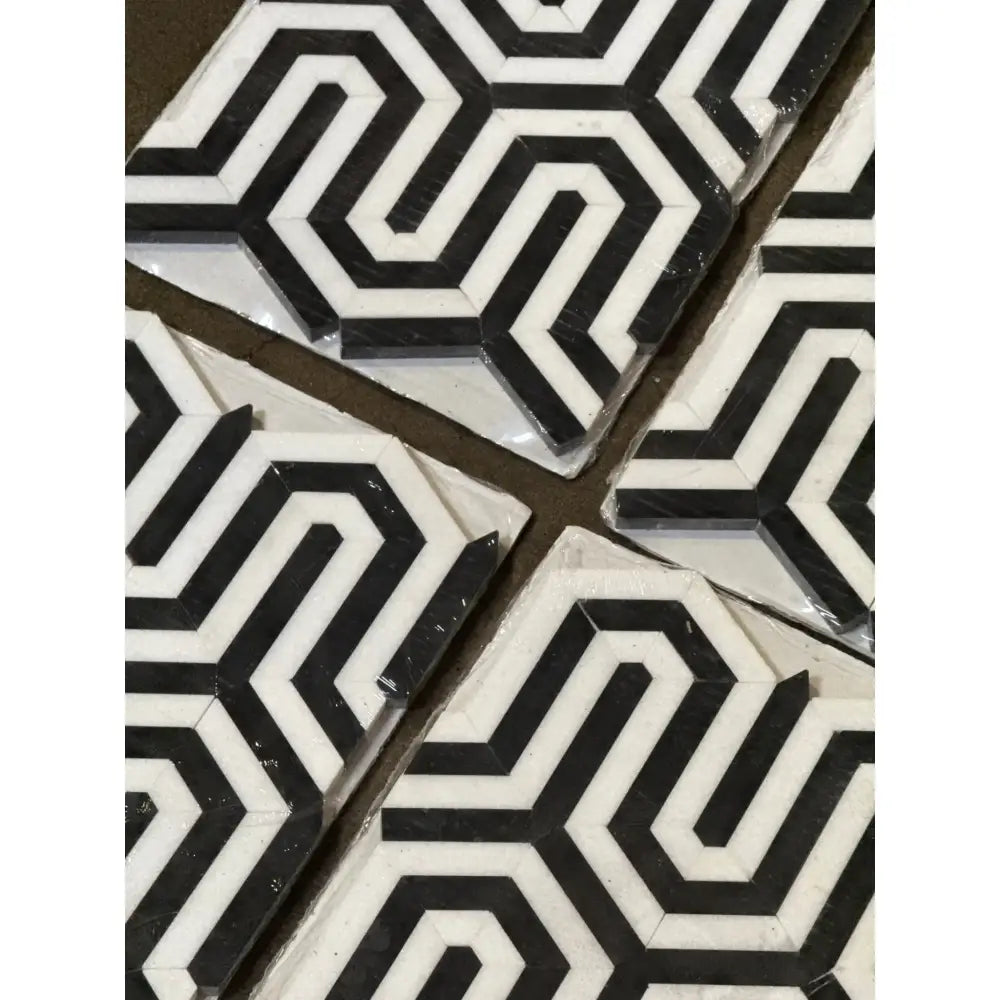 Black and white geometric tiles in Thassos Supreme Berlinetta Marble Mosaic