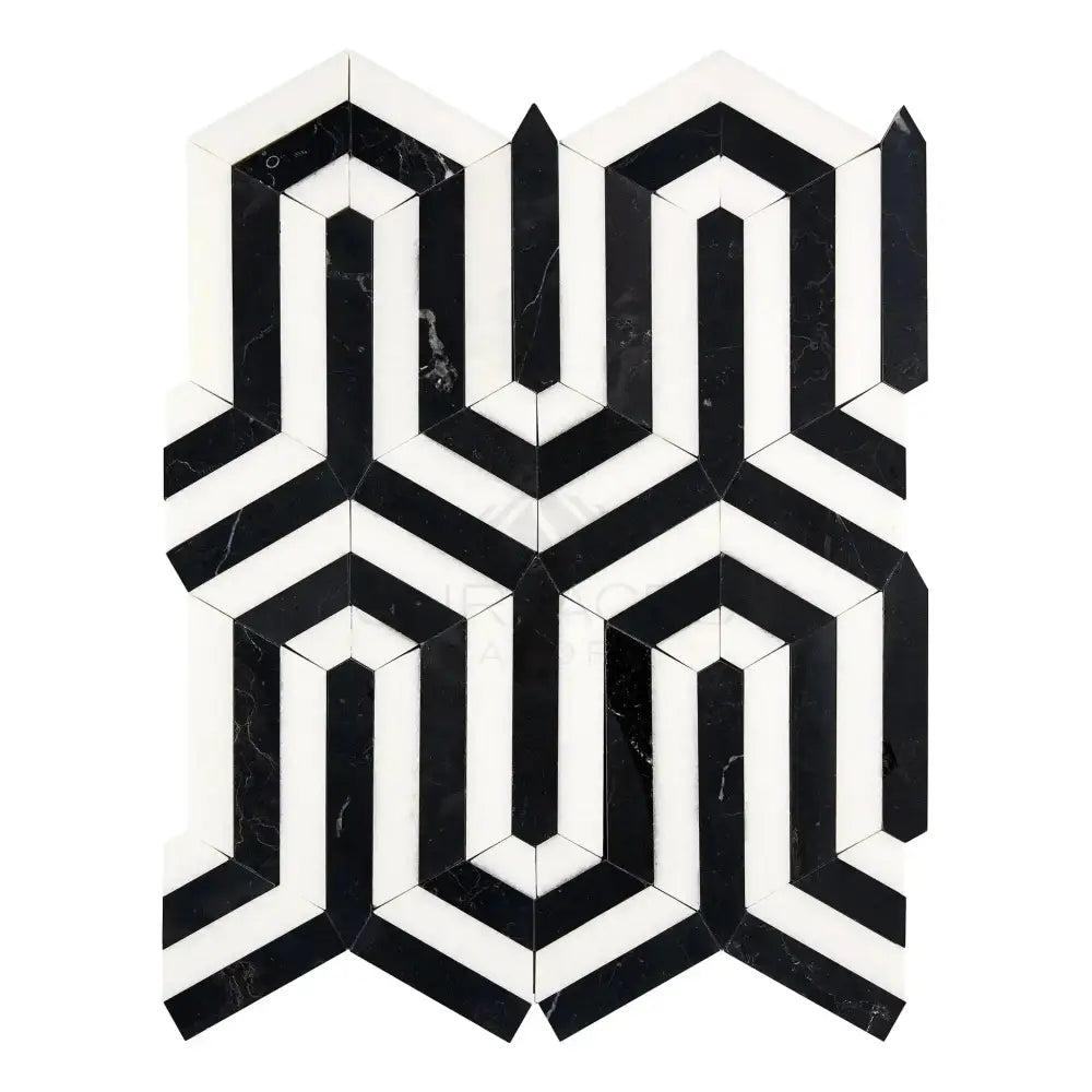 Black and white geometric tile pattern in Thassos Supreme Berlinetta Mosaic Marble