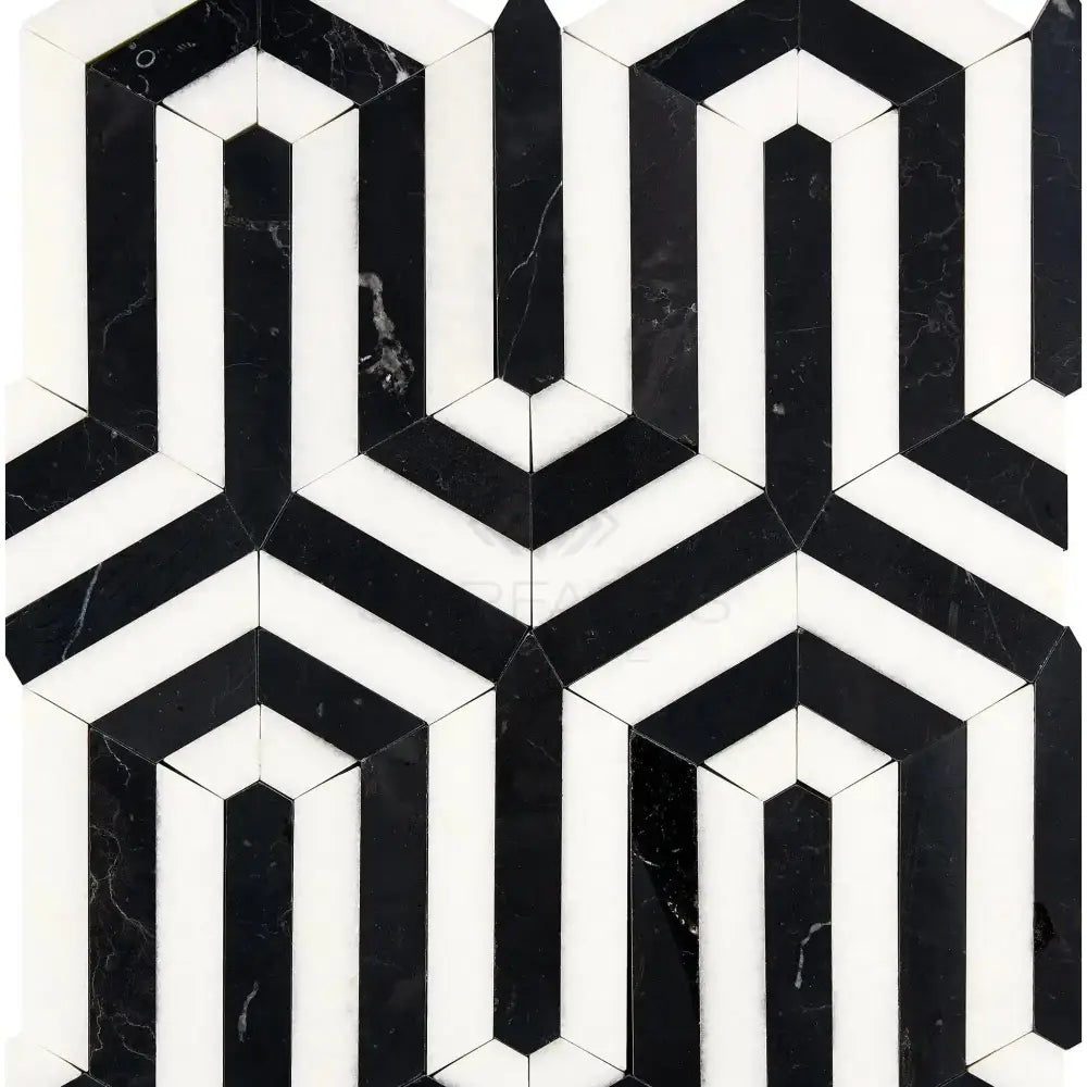 Black and white geometric tile pattern from Thassos Supreme Berlinetta marble mosaic