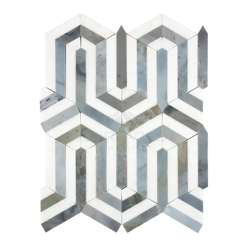 Geometric patterned marble tile from Thassos Supreme Berlinetta Blue-Gray mosaic