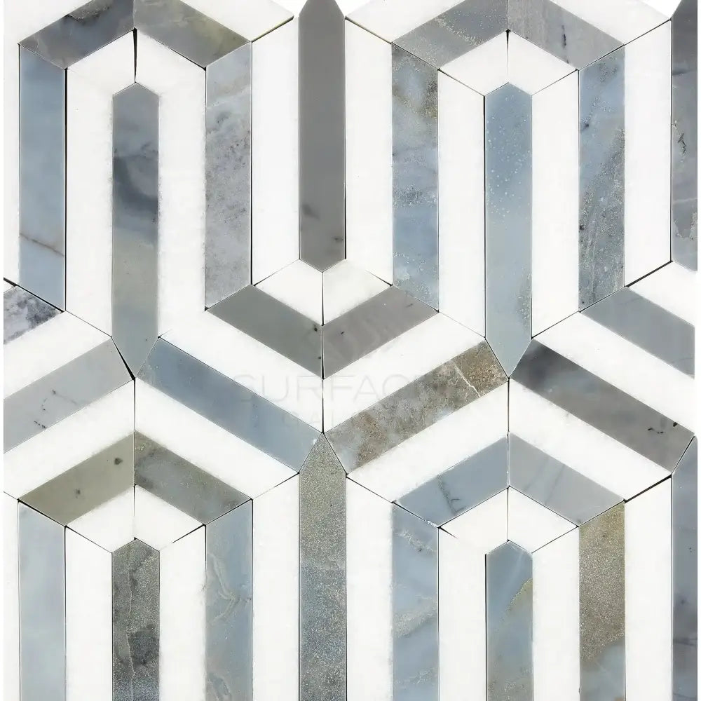 Geometric marble tile pattern in Thassos Supreme Berlinetta Blue-Gray Mosaic