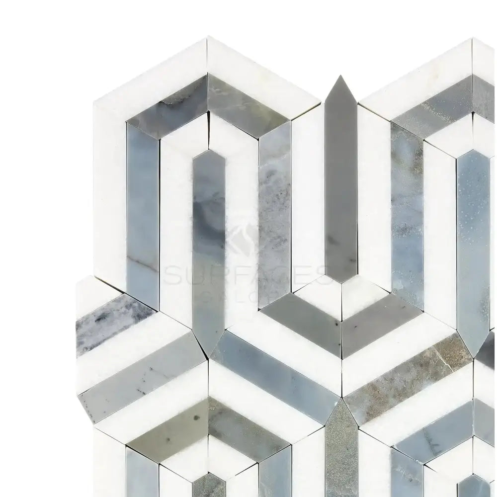 Hexagonal Thassos Supreme Berlinetta marble mosaic tile pattern in blue-gray finish