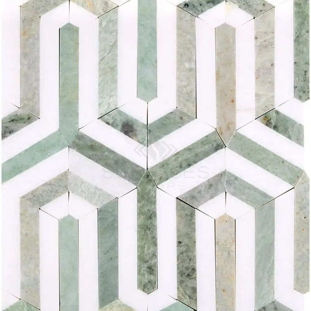 Geometric green and white tile pattern from Thassos Supreme Berlinetta Mosaic Marble