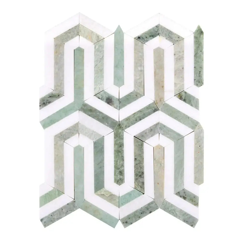 Geometric patterned tile mosaic from Thassos Supreme Berlinetta with Ming-Green marble