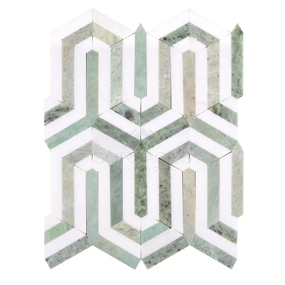 Geometric green and white tile pattern from Thassos Supreme Berlinetta Mosaic Marble