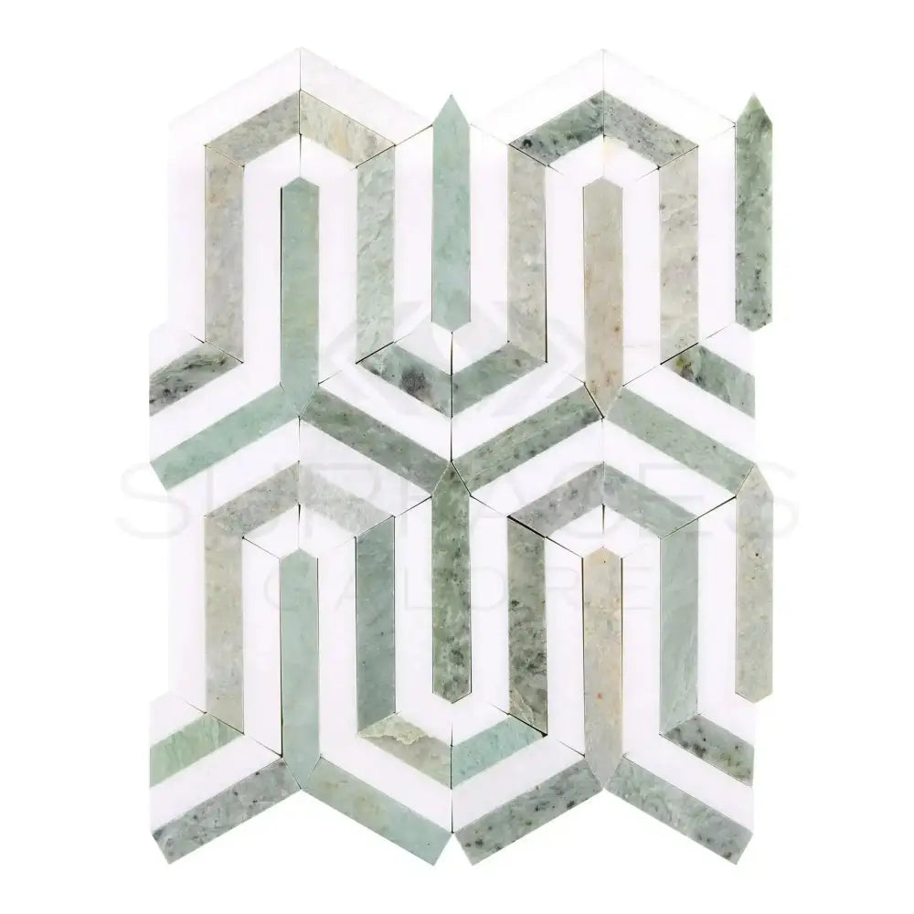 Geometric marble tile pattern in Thassos Supreme Berlinetta Ming Green mosaic