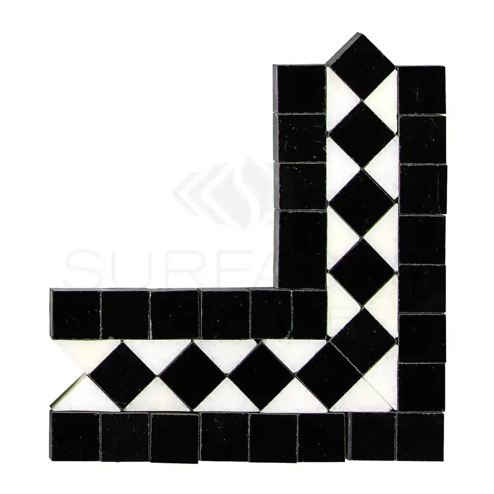 Black and white mosaic tile corner of Thassos Supreme BIAS Border Corner with Black marble