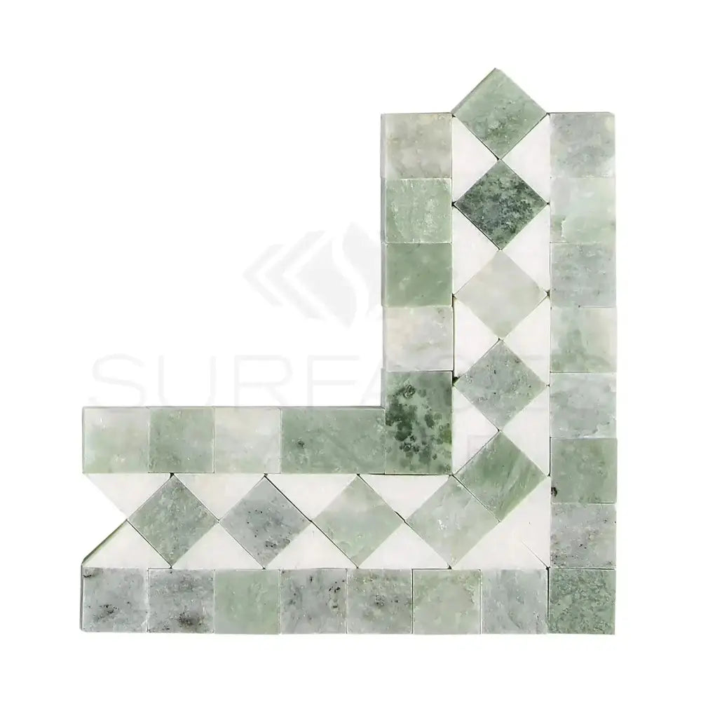 Green and white mosaic tile corner from Thassos Supreme BIAS Border Corner with Ming-Green Marble
