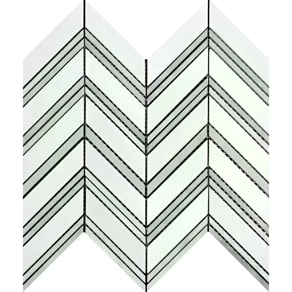 Chevron patterned marble tile from Thassos Supreme with Ming-Green accents
