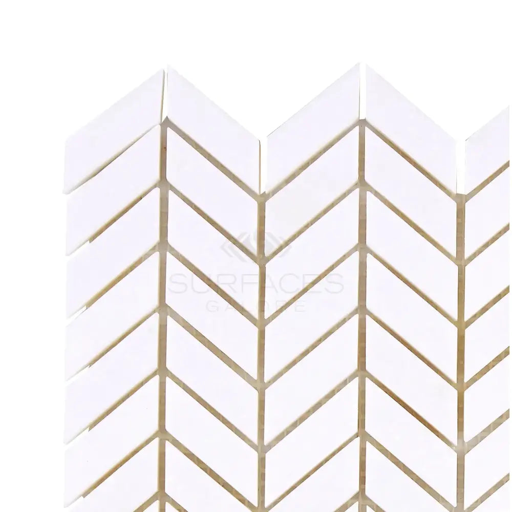 White herringbone tile pattern from Thassos Supreme Chevron Mini Mosaic Marble