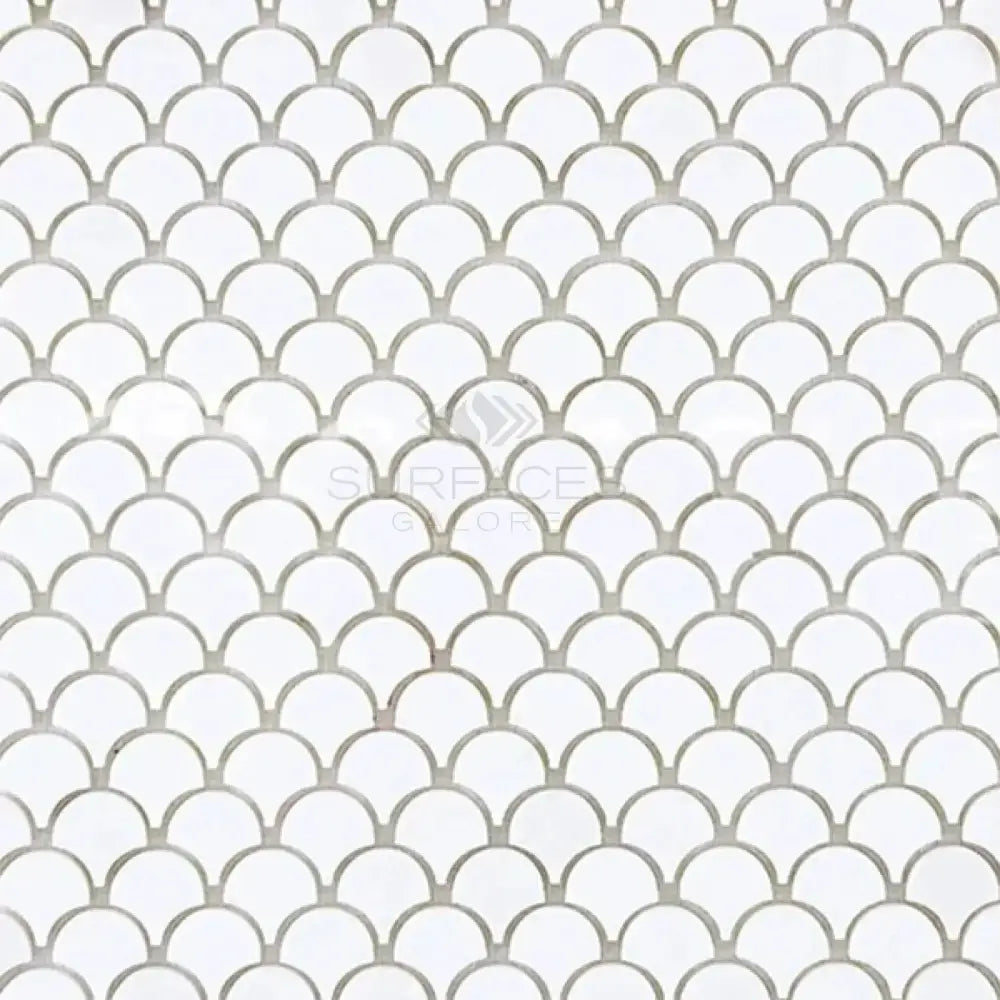 White scallop tile pattern on Thassos Supreme Supreme FAN Raindrop Mosaic Marble