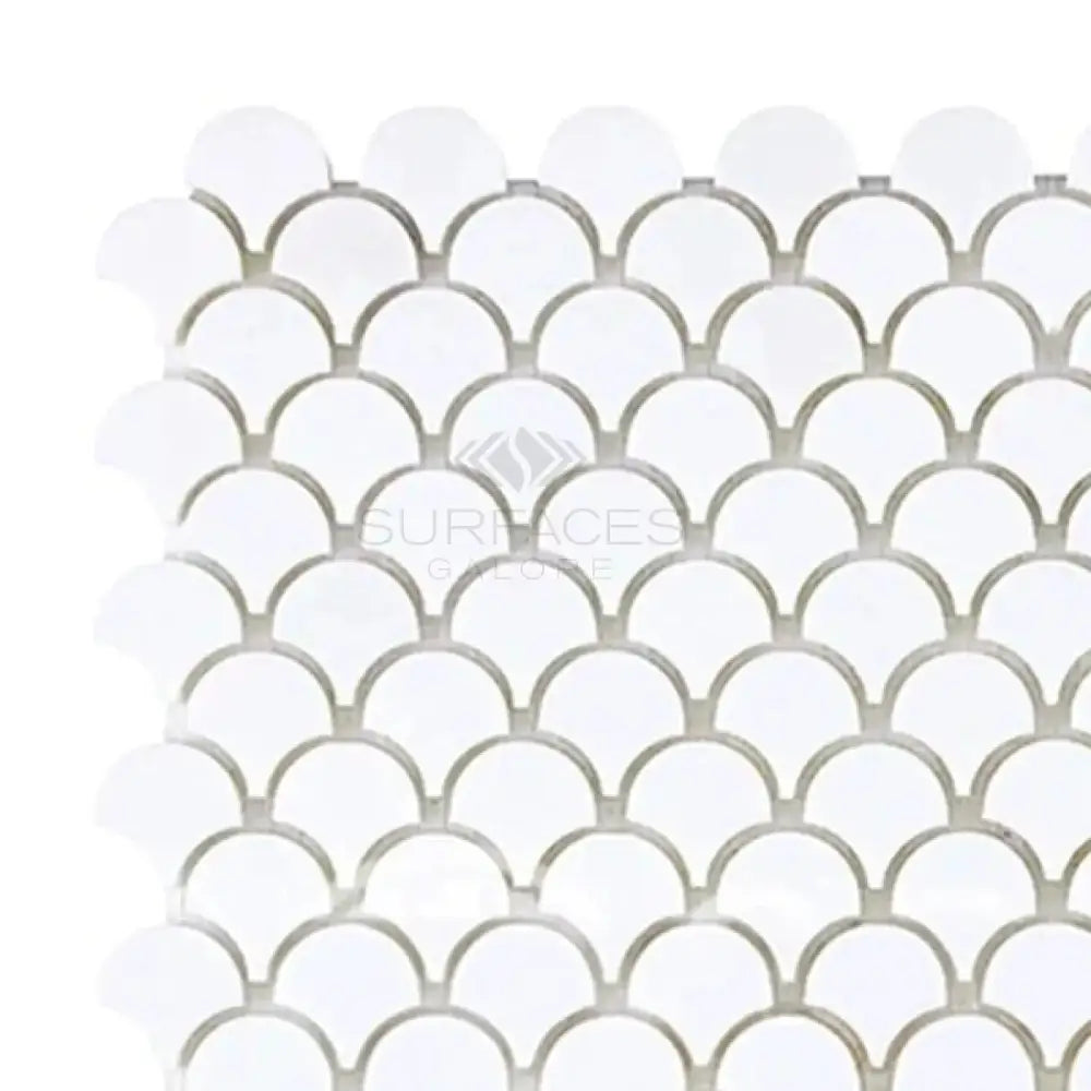 White scallop tile mosaic in Thassos Supreme Raindrop Marble for elegant flooring or backsplash
