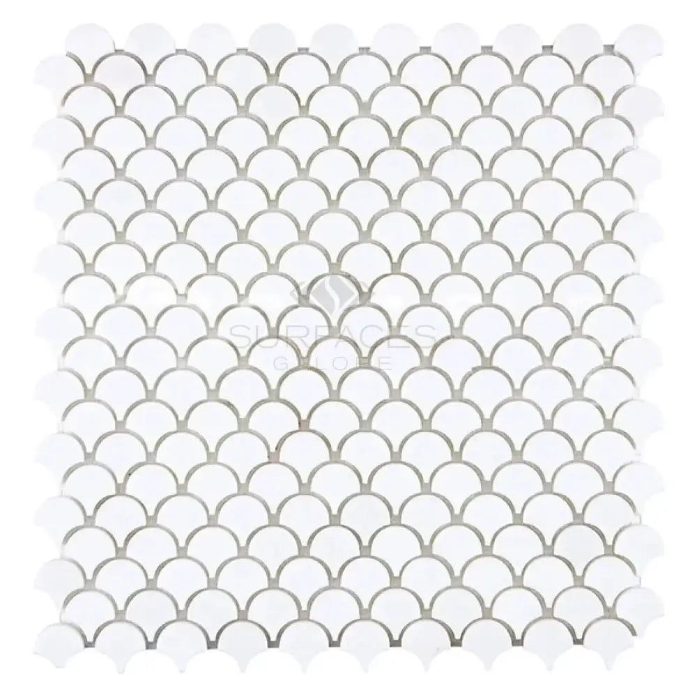 White scallop tile mosaic from Thassos Supreme Supreme FAN Raindrop Marble collection