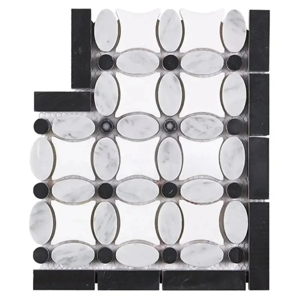 Mosaic tile with black and white pattern from Thassos Supreme Florida Flower Border Corner Marble