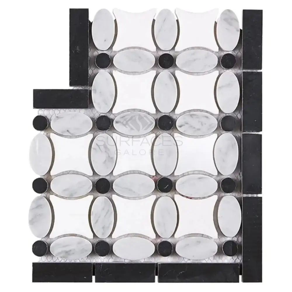 Black and white marble mosaic tile from Thassos Supreme Florida Flower Border Corner collection