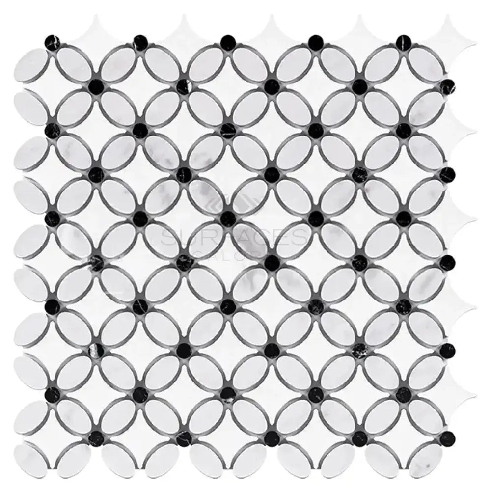 Interlocking marble and black dot mosaic tile in Thassos Supreme Florida Flower design