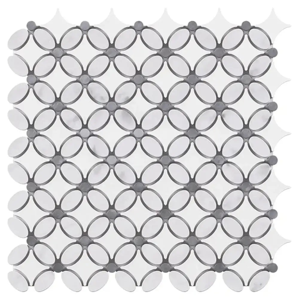 Decorative mosaic tile pattern with Thassos Supreme, White Carrara Oval, and Blue-Gray Dots