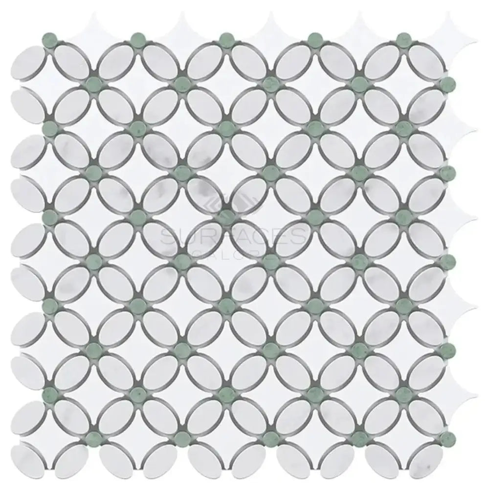 Interlocking white and gray mosaic tile pattern from Thassos Supreme Florida Flower Mosaic