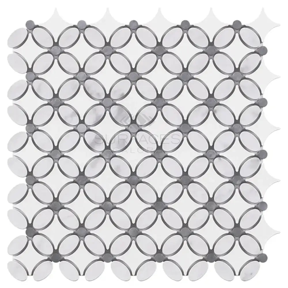 Interlocking gray and white mosaic tile from Thassos Supreme Florida Flower Mosaic