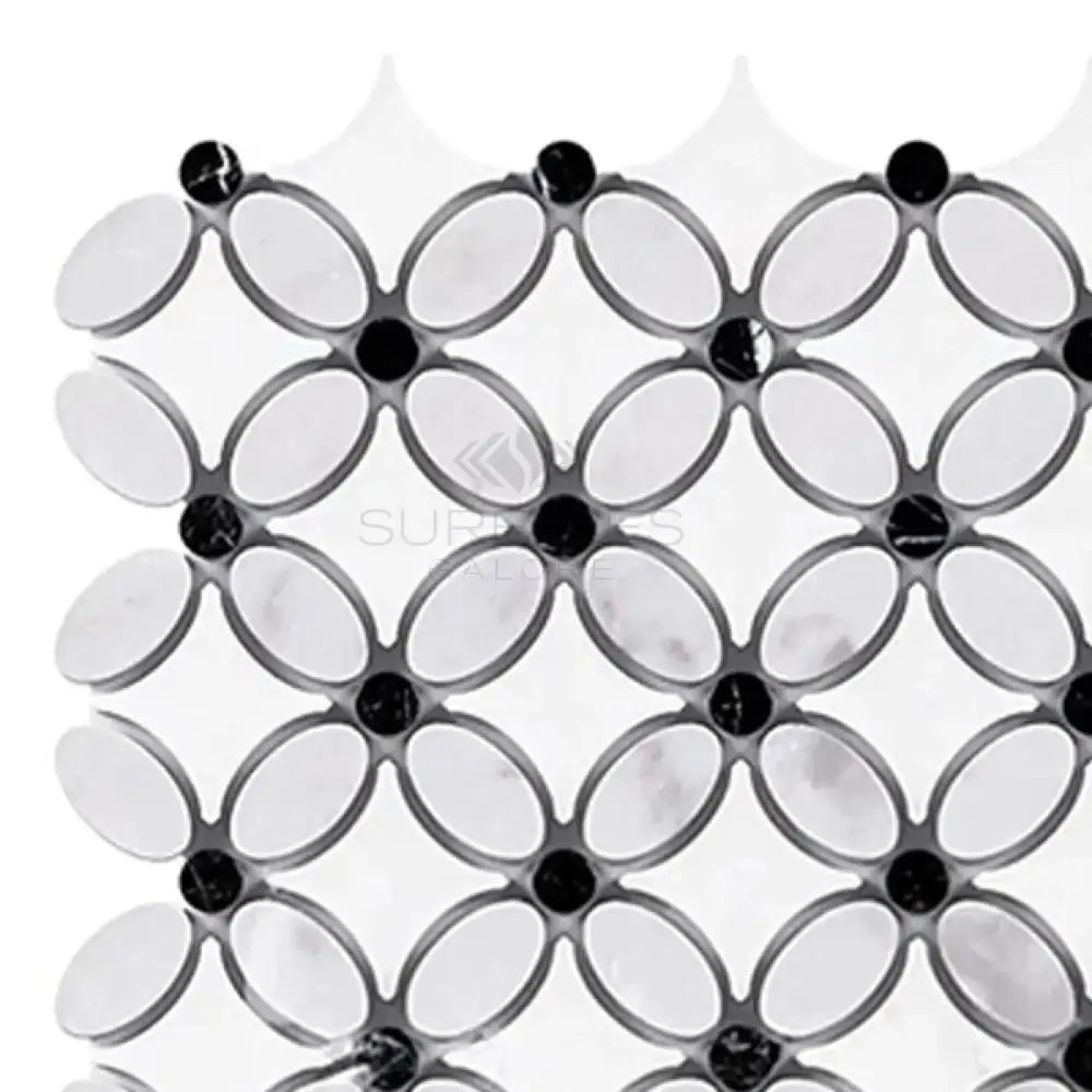 Black and white mosaic tile pattern in Thassos Supreme Florida Flower Mosaic product
