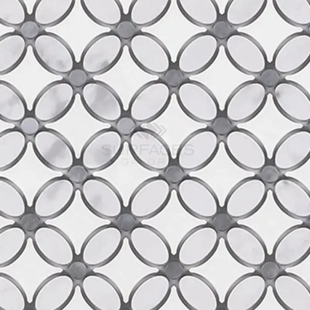 Interlocking gray and white floral tile pattern from Thassos Supreme Florida Flower Mosaic