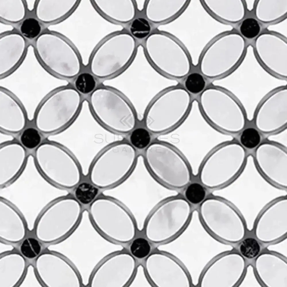 Interlocking black and white floral tile pattern in Thassos Supreme Florida Flower Mosaic