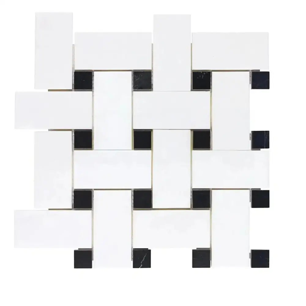 Woven white and black tile mosaic from Thassos Supreme Large Basketweave Marble collection