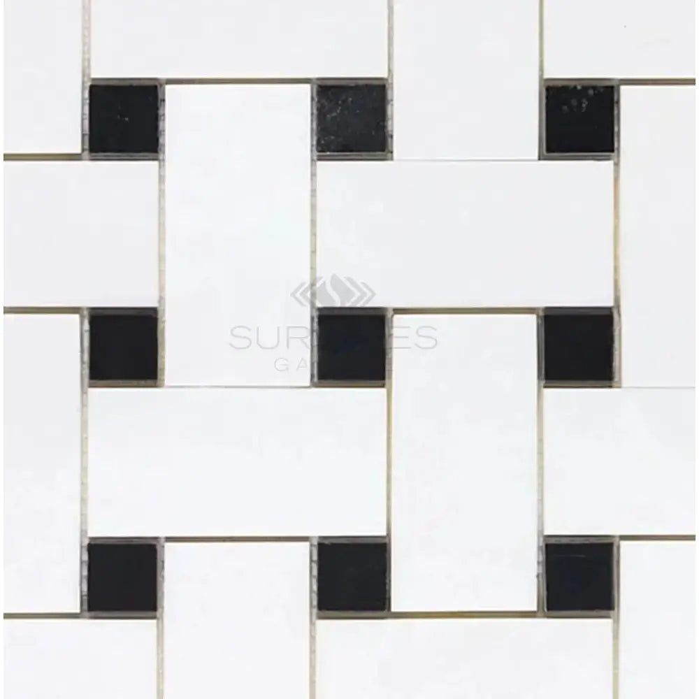 Thassos Supreme Large Basketweave Mosaic (w/ Black) Mosaic Marble-American Stone