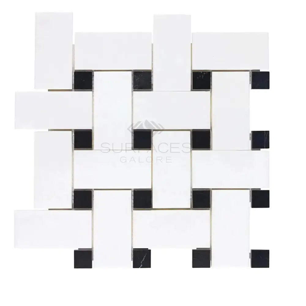 Thassos Supreme Large Basketweave Mosaic (w/ Black) Mosaic Marble-American Stone