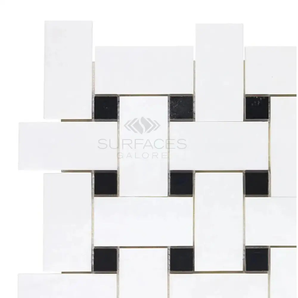White and black woven tile pattern in Thassos Supreme Large Basketweave Mosaic