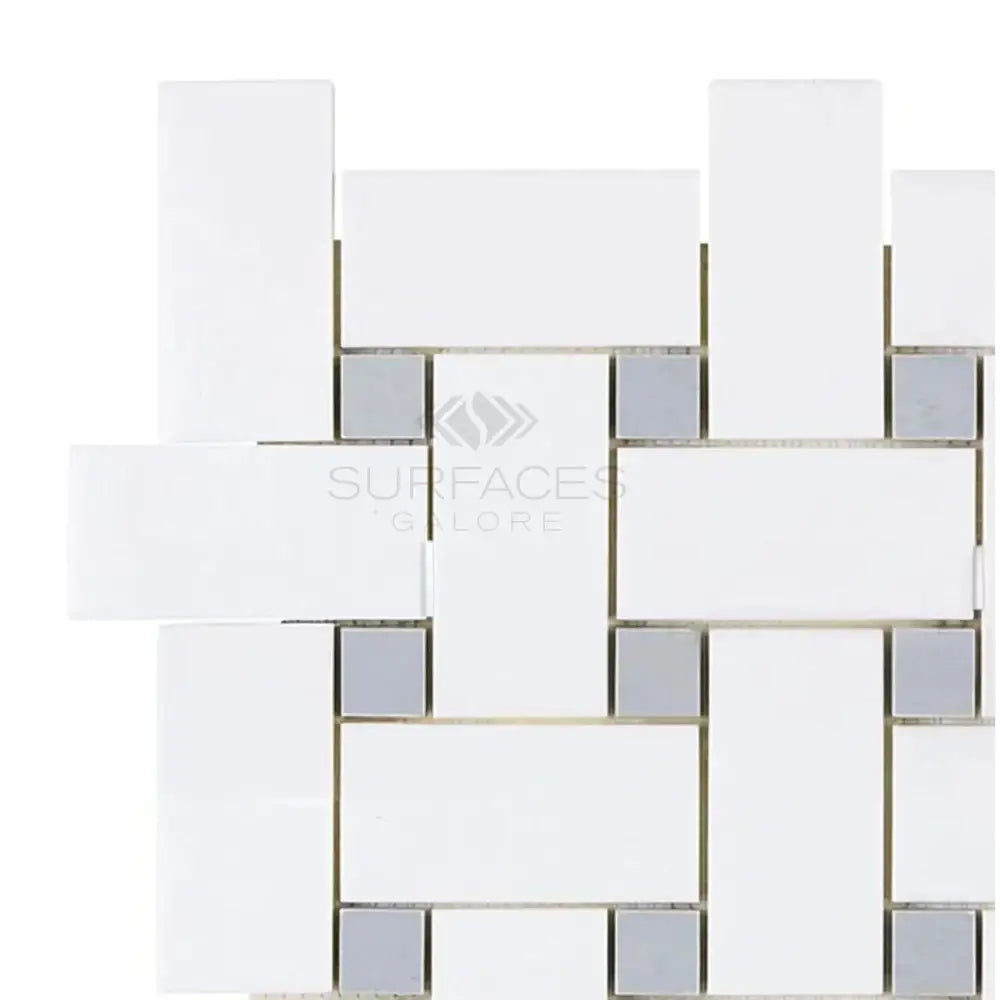 White and gray mosaic tile from Thassos Supreme Large Basketweave Mosaic with Blue-Gray accents