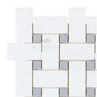 White and gray mosaic tile from Thassos Supreme Large Basketweave Mosaic with Blue-Gray accents