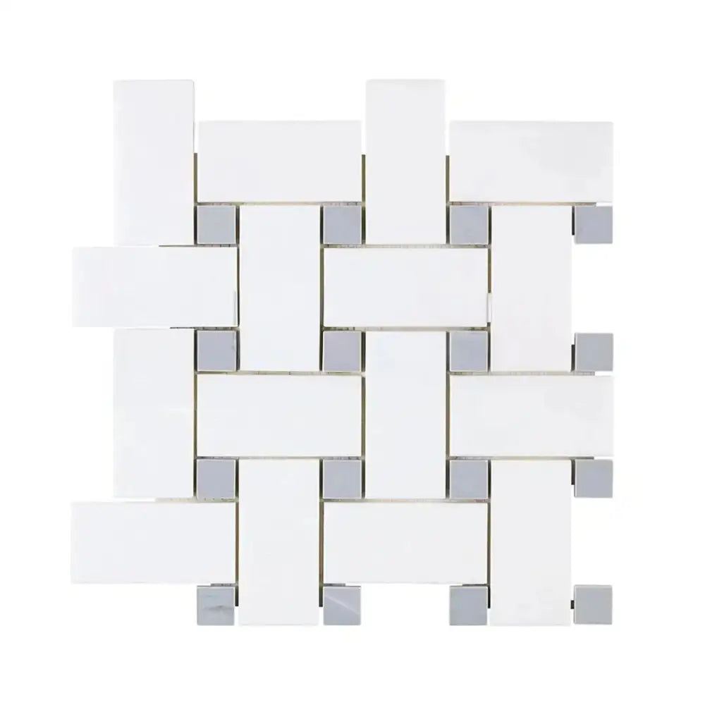 White and gray woven tile pattern from Thassos Supreme Large Basketweave Mosaic with Blue Gray marble
