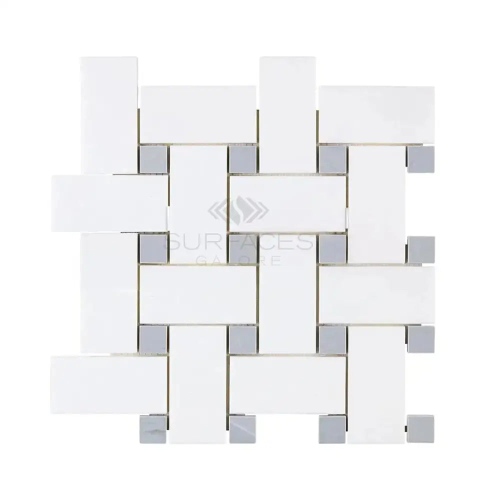 White and gray woven tile pattern from Thassos Supreme Large Basketweave Mosaic with Blue-Gray marble