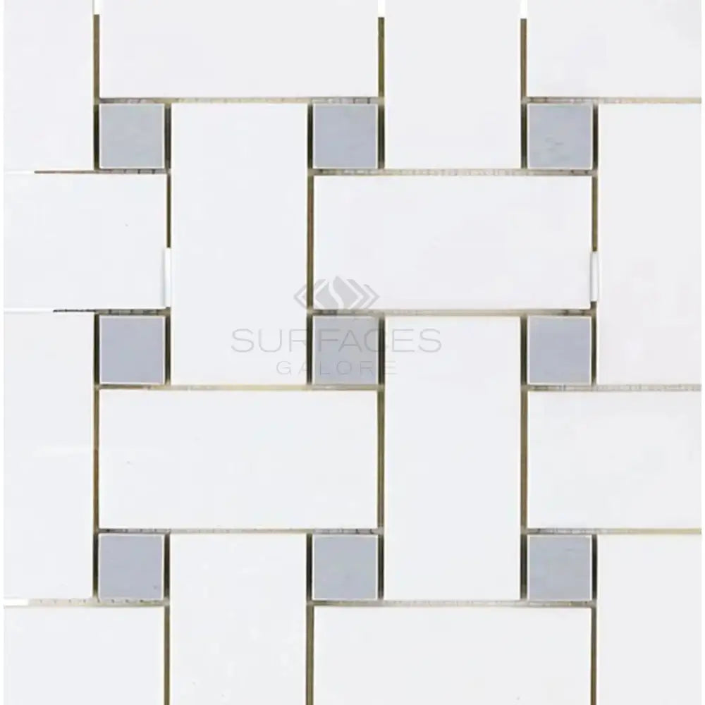 White and gray mosaic tile pattern of Thassos Supreme Large Basketweave Mosaic with Blue-Gray