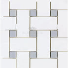 White and gray mosaic tile pattern of Thassos Supreme Large Basketweave Mosaic with Blue-Gray