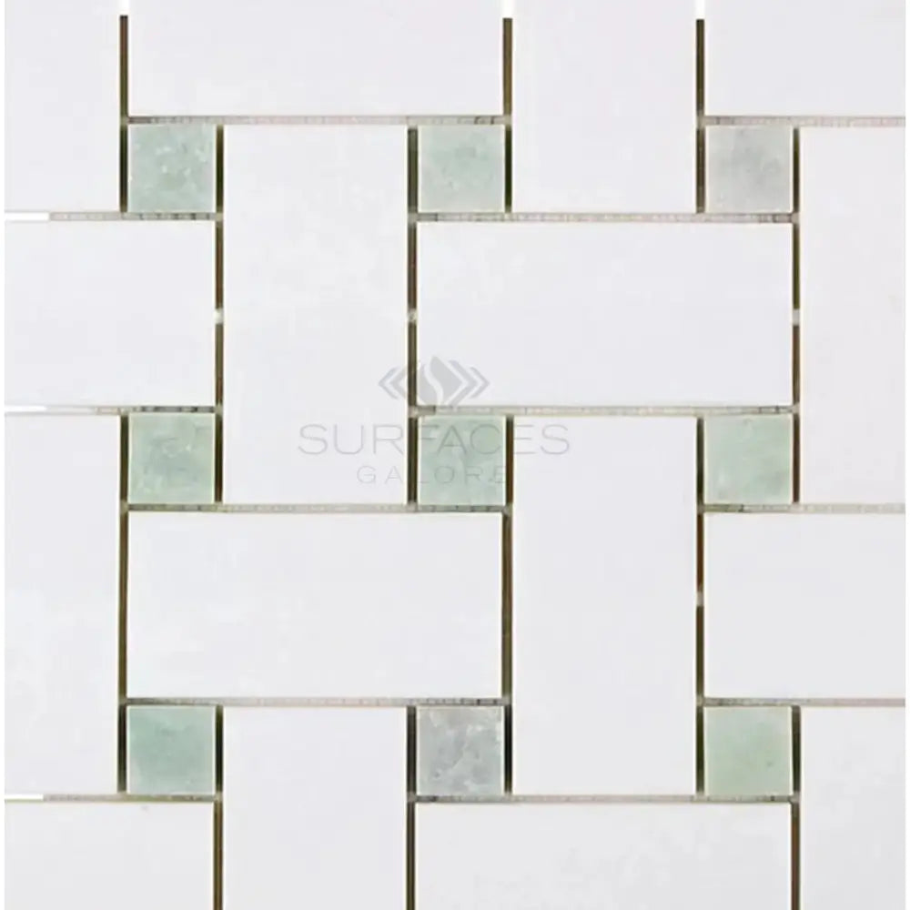 White and green mosaic tile pattern from Thassos Supreme Large Basketweave Mosaic with Ming-Green