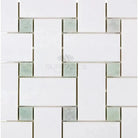 White and green mosaic tile pattern from Thassos Supreme Large Basketweave Mosaic with Ming-Green