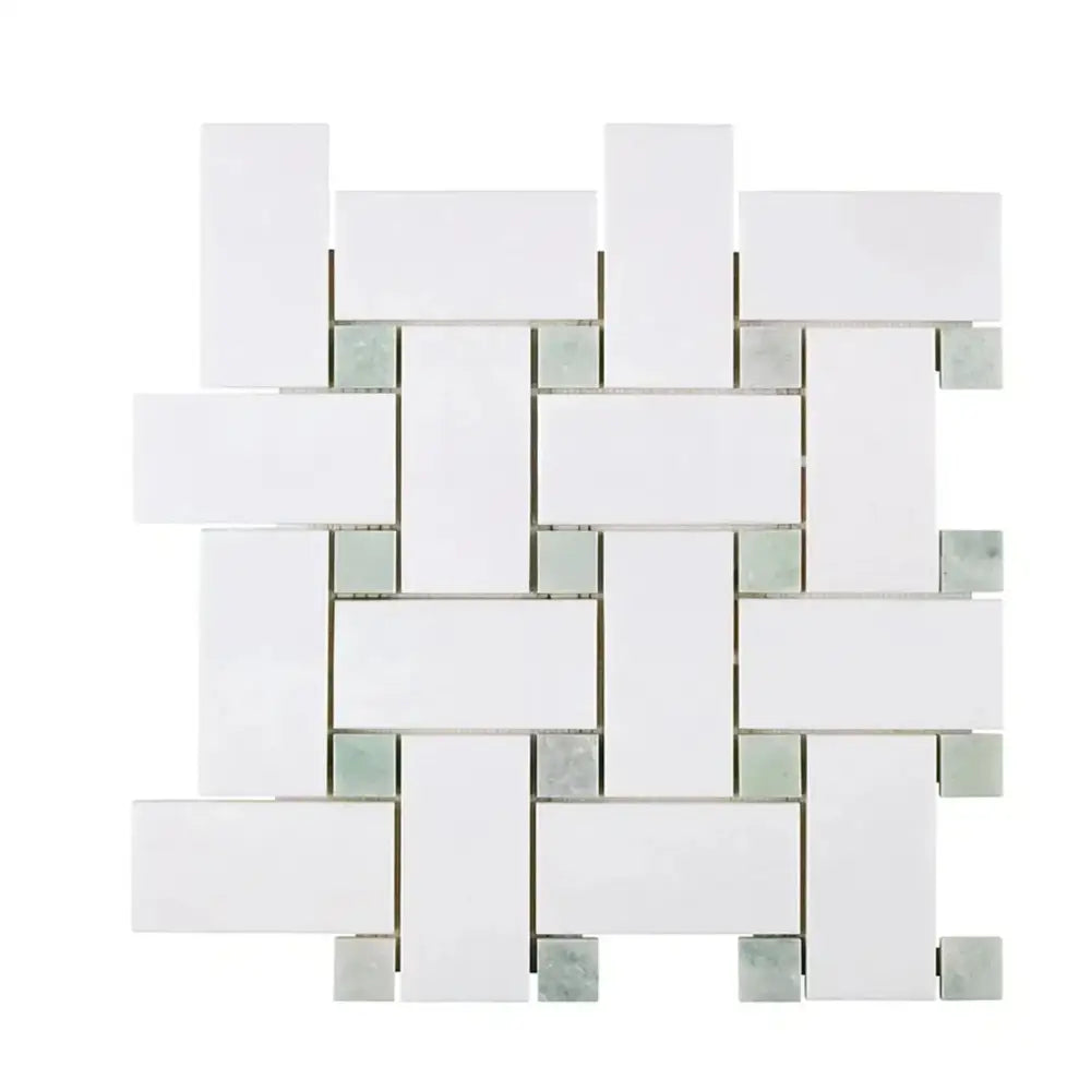 White and gray mosaic tile from Thassos Supreme Large Basketweave Mosaic with Ming-Green accents