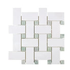 White and gray mosaic tile from Thassos Supreme Large Basketweave Mosaic with Ming-Green accents