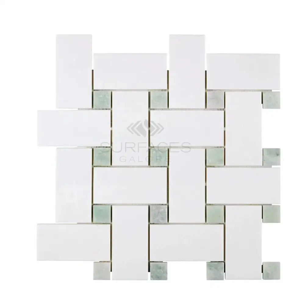 White and green mosaic tile pattern from Thassos Supreme Large Basketweave Mosaic with Ming-Green