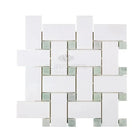White and green mosaic tile pattern from Thassos Supreme Large Basketweave Mosaic with Ming-Green