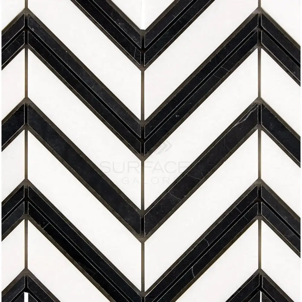 Black and white chevron tile pattern for Thassos Supreme Large Chevron Mosaic Marble