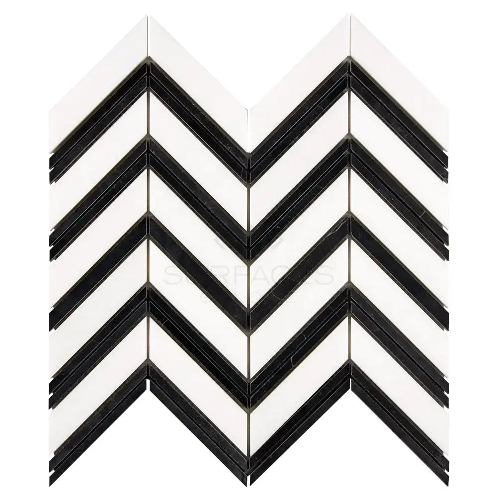 Black and white chevron mosaic tile from Thassos Supreme Large Chevron Marble collection